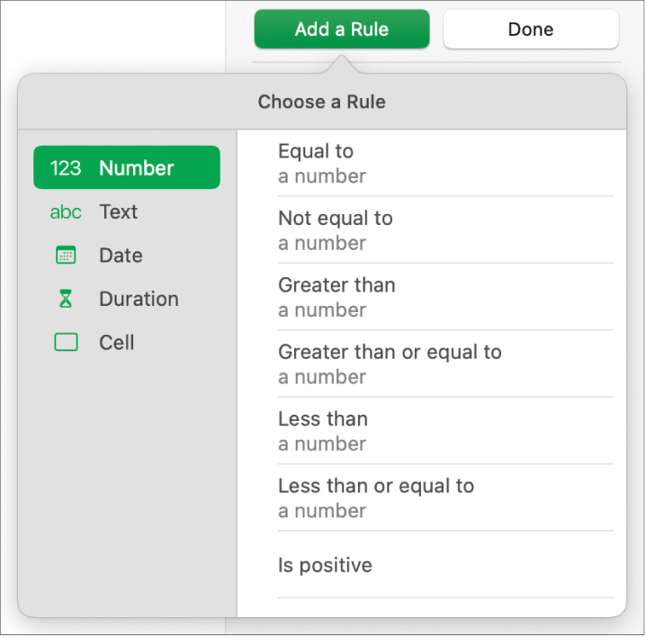 Types of cell highlighting rules.