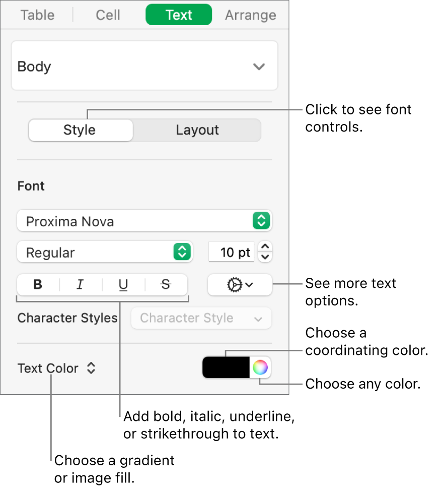 The controls for styling table text.