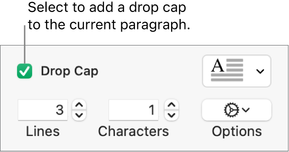 The Drop Cap checkbox is selected, and a pop-up menu appears to its right; controls for setting the line height, number of characters, and other options appear below it.