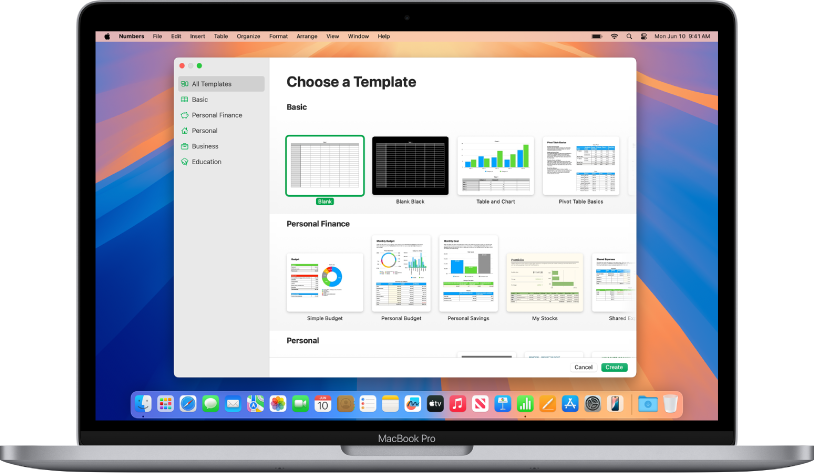 A MacBook Pro with the Numbers template chooser open on the screen. The All Templates category is selected on the left and predesigned templates appear on the right in rows by category.