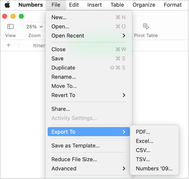 The File menu open with Export To selected, with its submenu showing export options for PDF, Excel, CSV, and Numbers ’09.