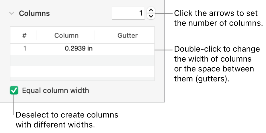 Controls in the columns section for changing the number of columns and the width of each column.