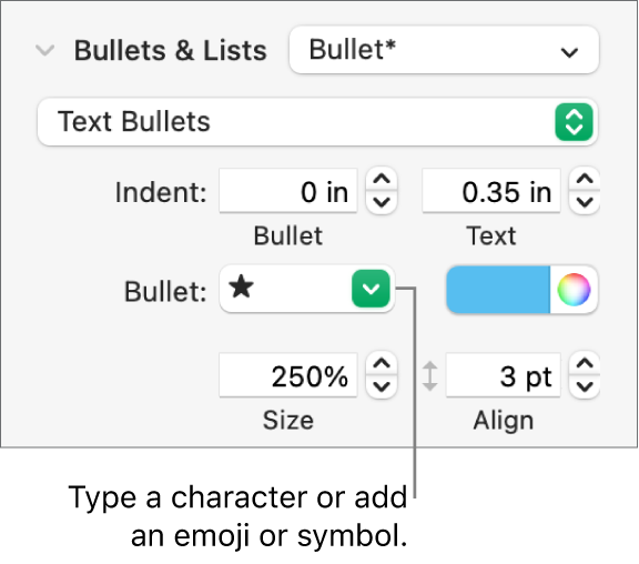 The Bullets & Lists section of the Format sidebar. The Bullet field shows a star emoji.