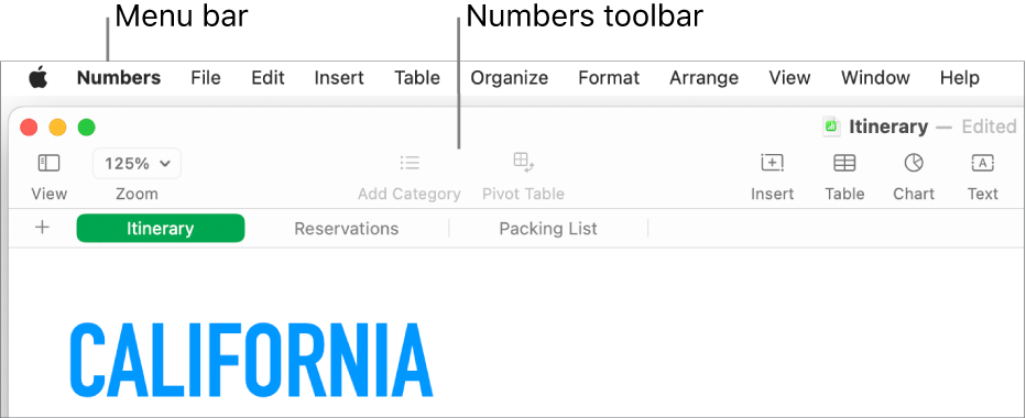 The menu bar at the top of the screen with Apple, Numbers, File, Edit, Insert, Table, Organize, Format, Arrange, View, Window, and Help menus. Below the menu bar is an open Numbers spreadsheet with toolbar buttons across the top for View, Zoom, Add Category, Pivot Table, Insert, Table, Chart, and Text.