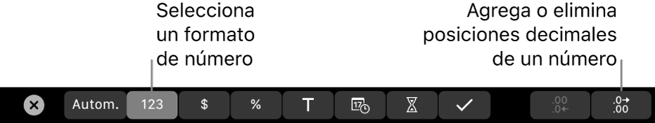 La Touch Bar de la MacBook Pro con controles para seleccionar un formato para los datos y agregar o eliminar lugares decimales a un número.