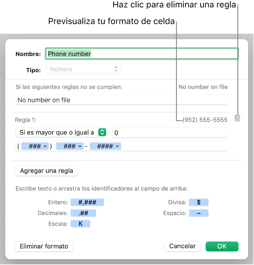 Formato de celda numérica personalizada con reglas.