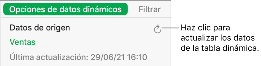 La pestaña Opciones de datos dinámicos mostrando la opción de actualizar la tabla dinámica.