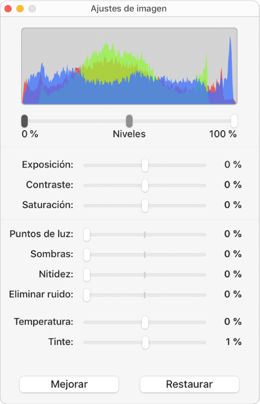 La ventana “Ajustar imagen” con reguladores para ajustar la exposición, el contraste, la saturación, los puntos de luz, las sombras, la nitidez, la eliminación de ruido, la temperatura y el tinte.