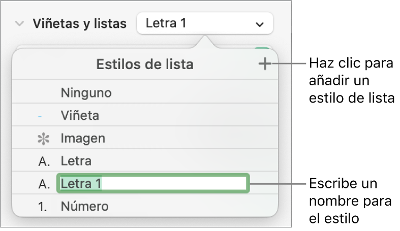 El menú desplegable “Estilos de lista” con el botón Añadir en la esquina superior derecha y un marcador de posición de nombre de estilo con su texto seleccionado.