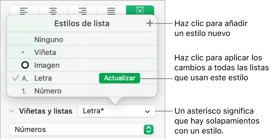 El menú desplegable “Estilos de lista” con un asterisco que indica una modificación y llamadas al botón “Nuevo estilo”, así como un submenú de opciones para gestionar estilos.