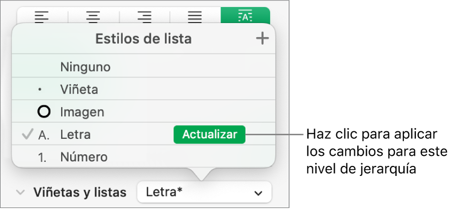 El menú desplegable “Estilos de lista” con el botón Actualizar junto al nombre del nuevo estilo.