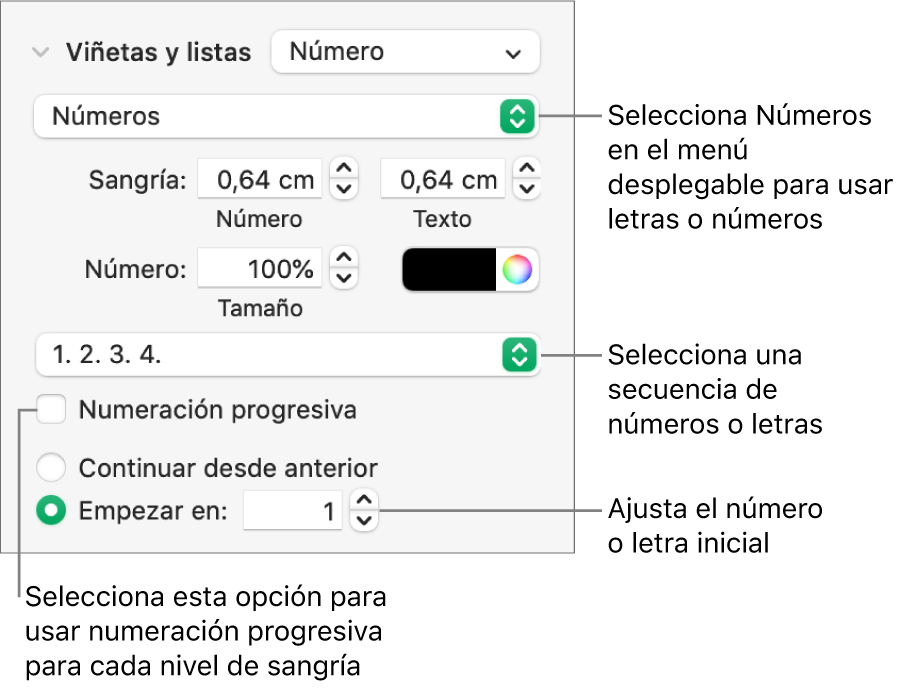 Controles para cambiar el estilo de numeración y el espaciado de una lista.