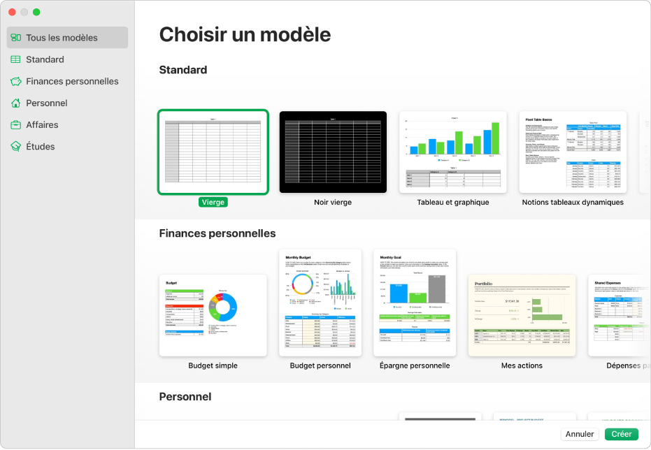 Le sélecteur de modèles. La barre latérale située à gauche présente des catégories de modèle sur lesquelles vous pouvez cliquer pour filtrer les options. Sur la droite se trouvent des vignettes de modèles prédéfinis disposées en rangées par catégorie.