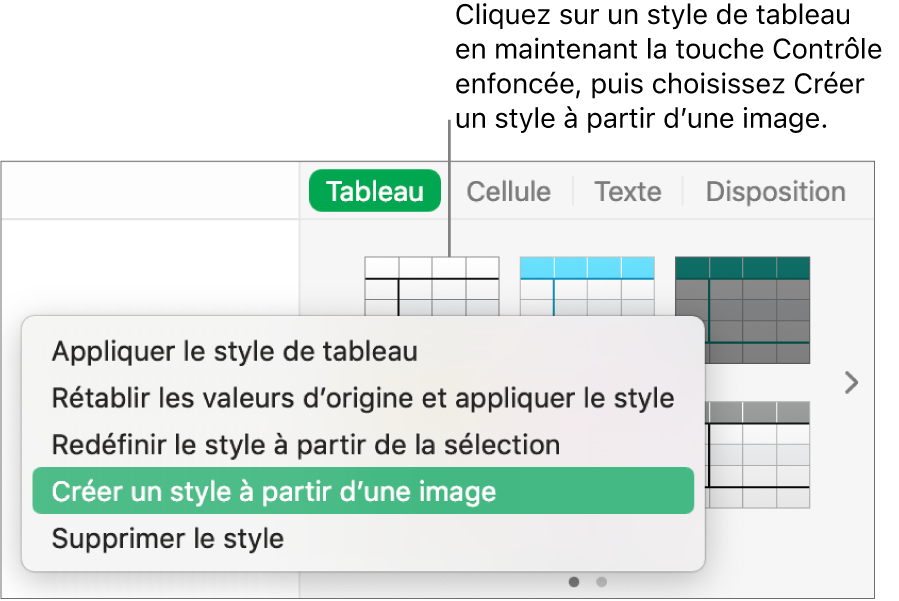 Le menu contextuel Style de tableau.