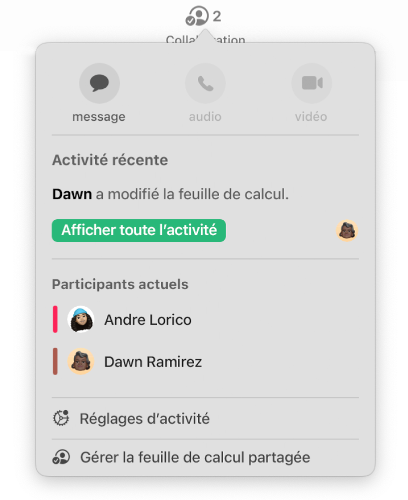 Le menu de collaboration affichant le nom des personnes qui collaborent sur la feuille de calcul.