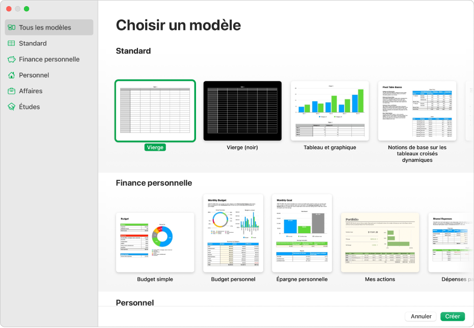 Liste de modèles. La barre latérale située à gauche présente des catégories de modèle sur lesquelles vous pouvez cliquer pour filtrer les options. Vous trouverez à droite les vignettes des modèles prédéfinis disposées en rangs par catégorie, en commençant par Standard en haut, puis Finance personnelle et Personnel. Les boutons Annuler et Créer se trouvent dans le coin inférieur droit.