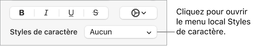 Menu local Styles de caractère au-dessous des commandes de modification du style et de la couleur du texte.