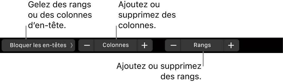 La Touch Bar d’un MacBook Pro avec les commandes pour bloquer des rangs ou colonnes d’en-têtes, ajouter ou supprimer des colonnes et ajouter ou supprimer des rangs.