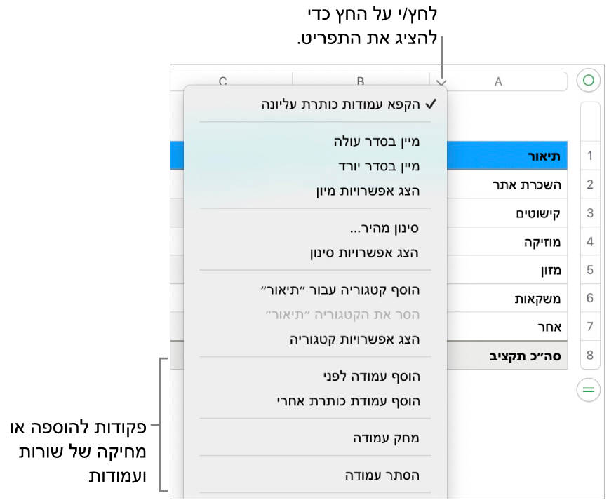 התפריט עמודות טבלה עם פקודות להוספה או מחיקה של שורות ועמודות.