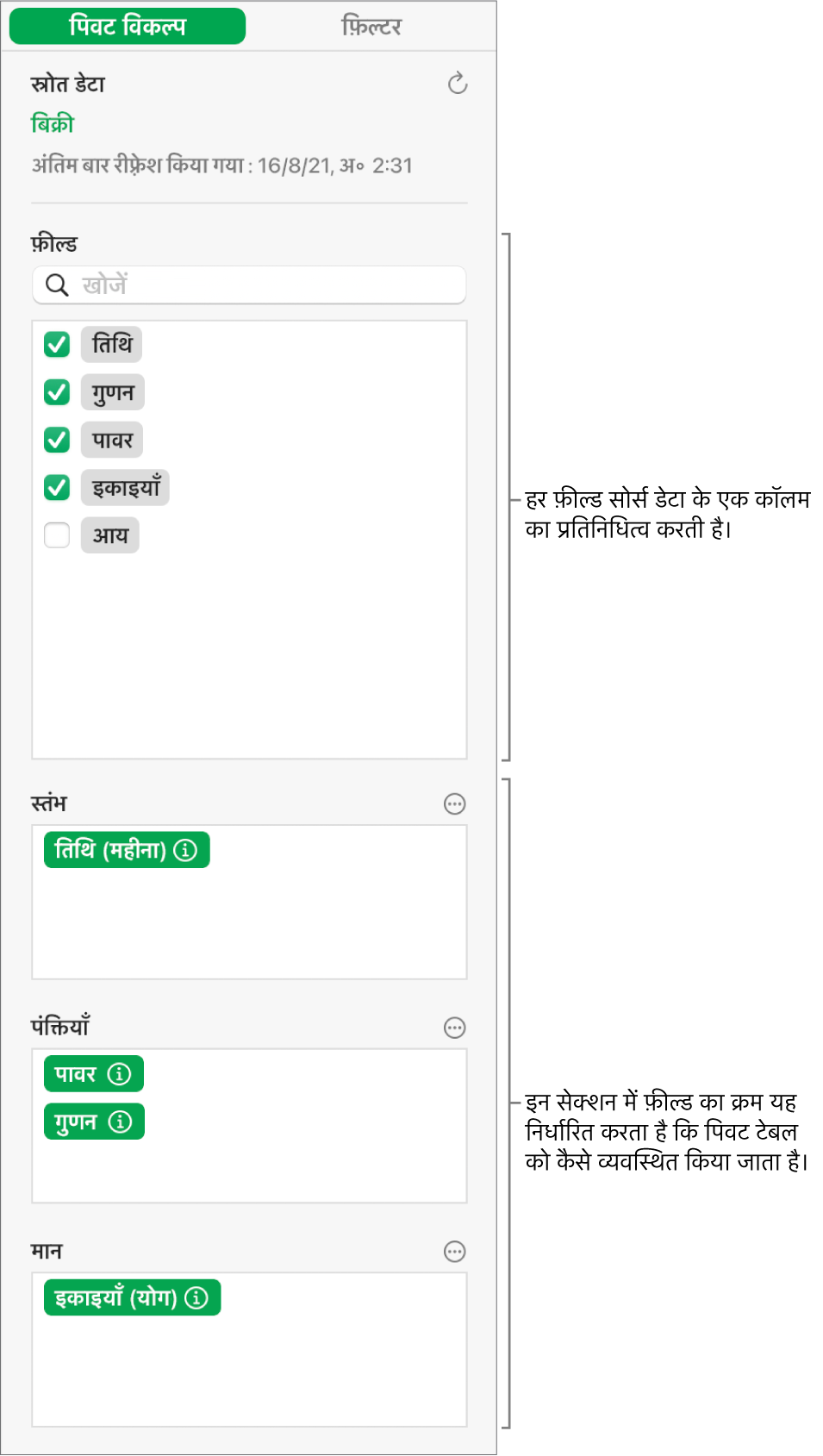 पिवट विकल्प मेनू जो कॉलम, पंक्तियाँ और मान सेक्शन में फ़ील्ड दिखाता है, साथ में फ़ील्ड को संपादित करने और पिवट टेबल को रीफ़्रेश करने के लिए नियंत्रण दिखाता है।