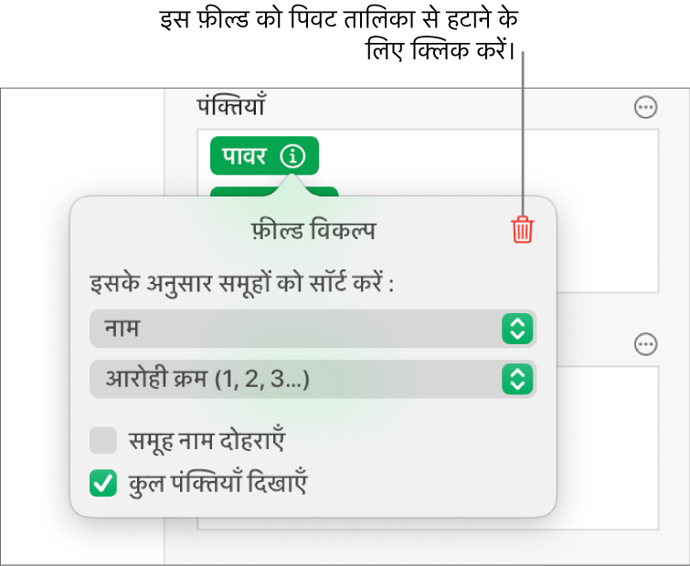 फ़ील्ड विकल्प मेनू जो डेटा को वर्गीकृत करने और सॉर्ट करने के लिए नियंत्रण दिखाता है, साथ में फ़ील्ड को हटाने के लिए विकल्प दिखाता है।