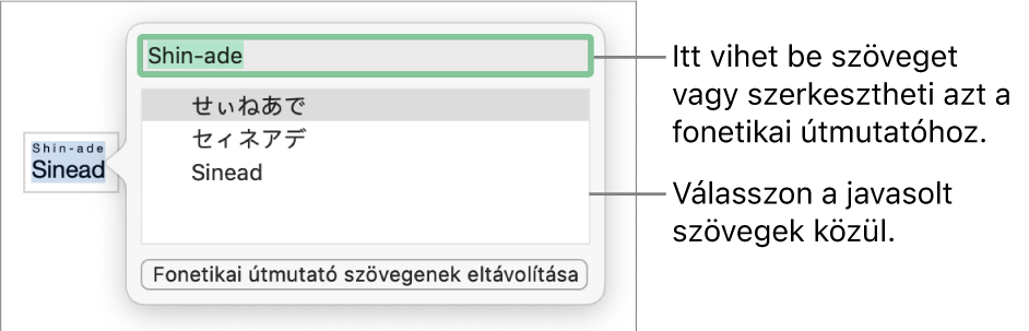 A fonetikai útmutató egy szóra megnyitva, a szövegmezőre és a javasolt szövegre vonatkozó ábrafeliratokkal.