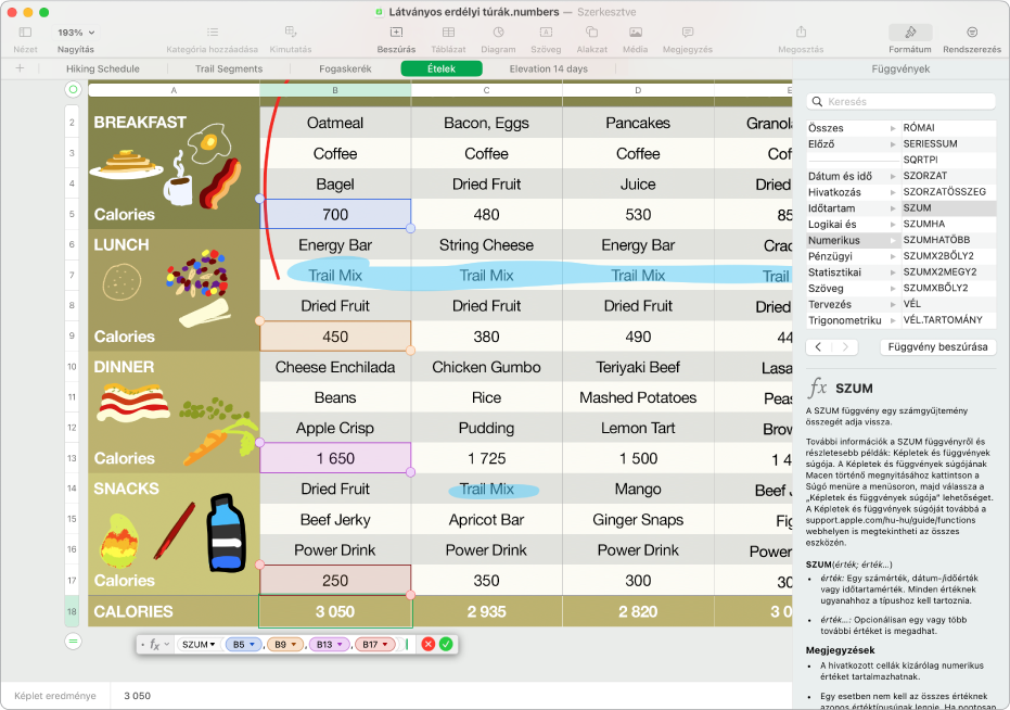 A Numbers ablaka egy kijelölt cellával. A kijelölt cellában egy képlet eredménye, míg a cella alatt található képletszerkesztőben a teljes képlet látható. A képletben használt értékek kiemelve jelennek meg, míg a megnyitott oldalsávon A Képletek és függvények súgója látható.