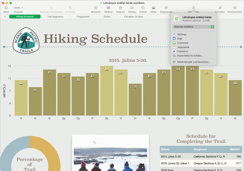 A Numbers ablaka a Megosztás menüvel, valamint a munkafüzet másolatának elküldésére és az exportálás és másik formátumban történő elküldésre szolgáló opciókkal.