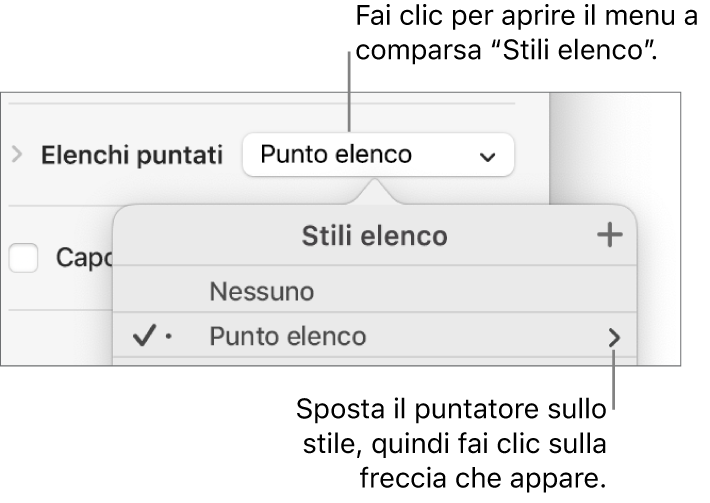 Menu a comparsa “Stili elenco” con uno stile elenco selezionato e una freccia lontana alla sua destra.