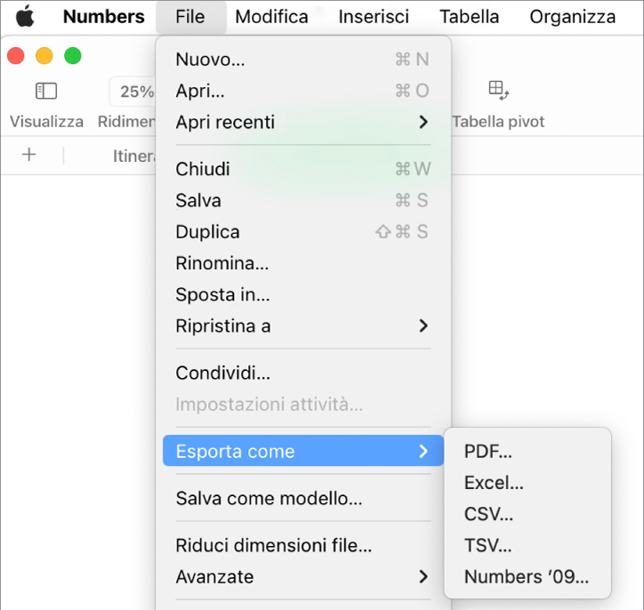 Menu File aperto con “Esporta come” selezionato, con il relativo sottomenu che mostra le opzioni di esportazione per PDF, Excel, CSV e Numbers ’09.