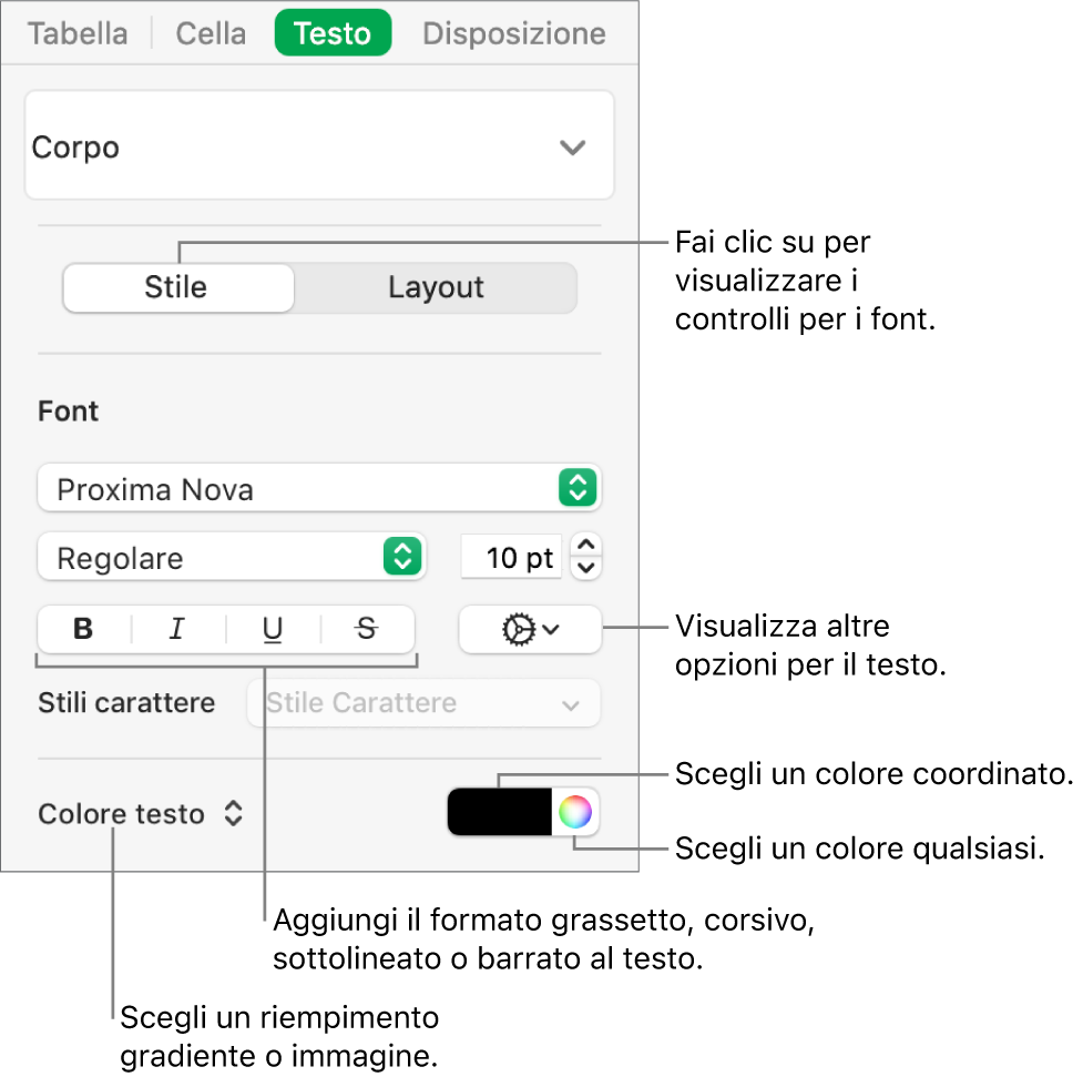 Controlli per lo stile del testo della tabella.