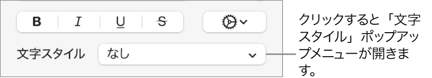 「文字スタイル」ポップアップメニュー。