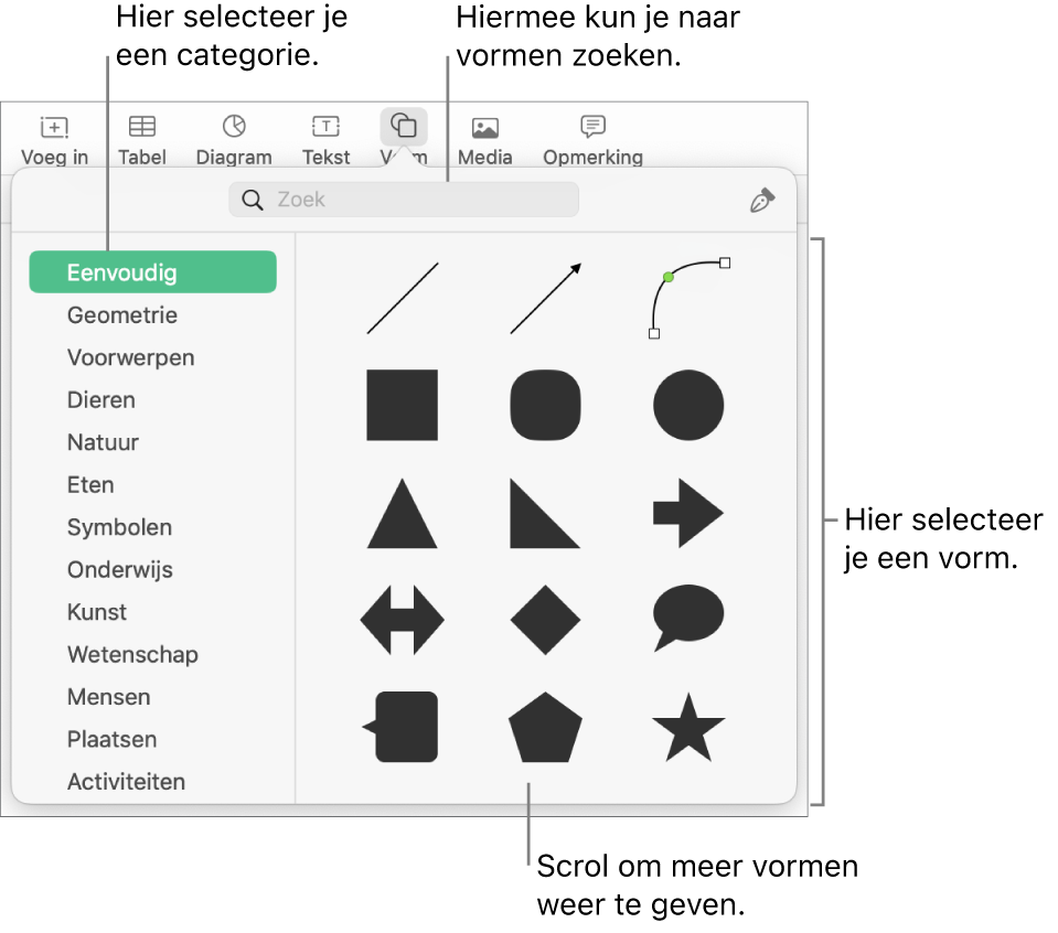 De vormenbibliotheek met links een lijst met categorieën en rechts vormen. Je kunt het zoekveld bovenaan gebruiken om vormen te zoeken. Scrol om meer opties weer te geven.