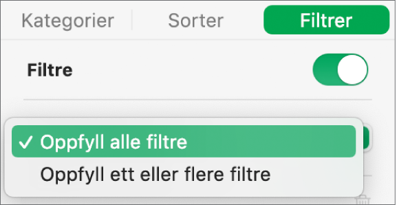 Lokalmenyen for å velge mellom å vise rader som samsvarer med alle filtre eller med ett filter.