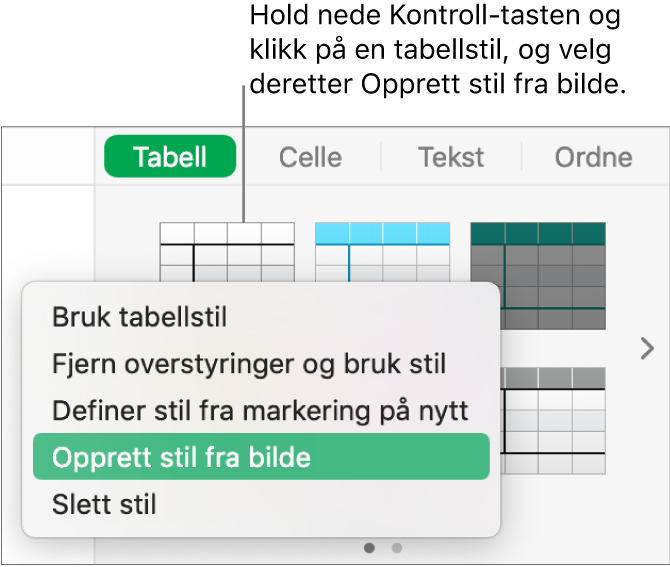 Snarveismenyen for tabellstiler.