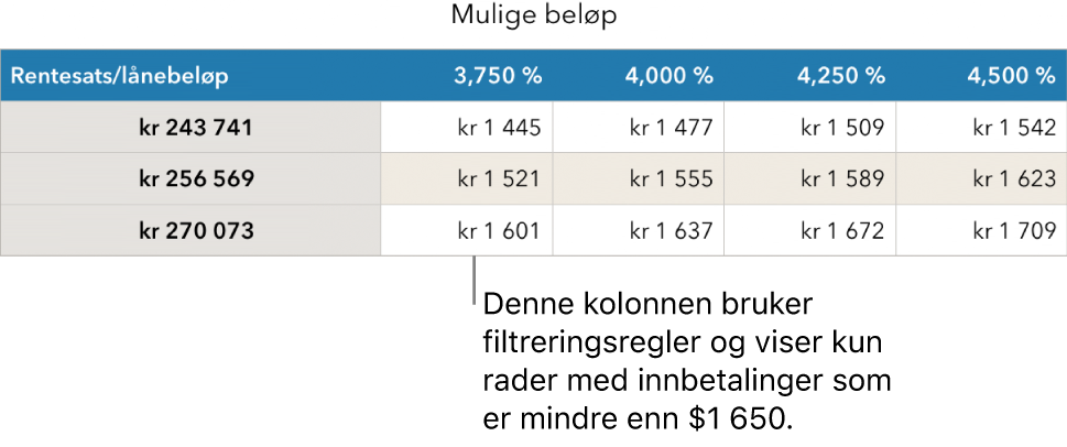 En boliglån-tabell etter filtrering på gunstige renter.