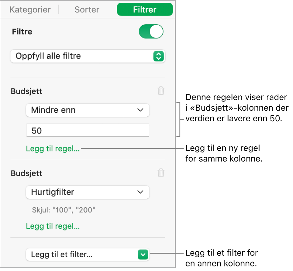 Kontrollene som brukes til å angi filtreringsregler.