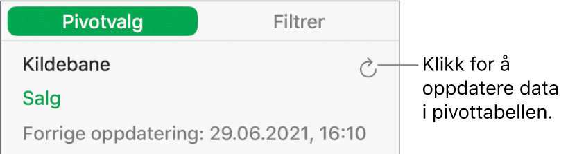 Pivotvalg-fanen med valget for å oppdatere pivottabellen.