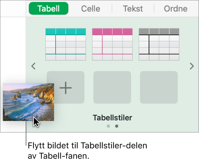 Et bilde flyttes til tabellstilene for å opprette en ny stil.