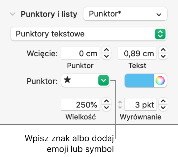 Sekcja Punktory i listy na pasku bocznym Format. Pole Punktor zawiera emoji przedstawiające gwiazdę.