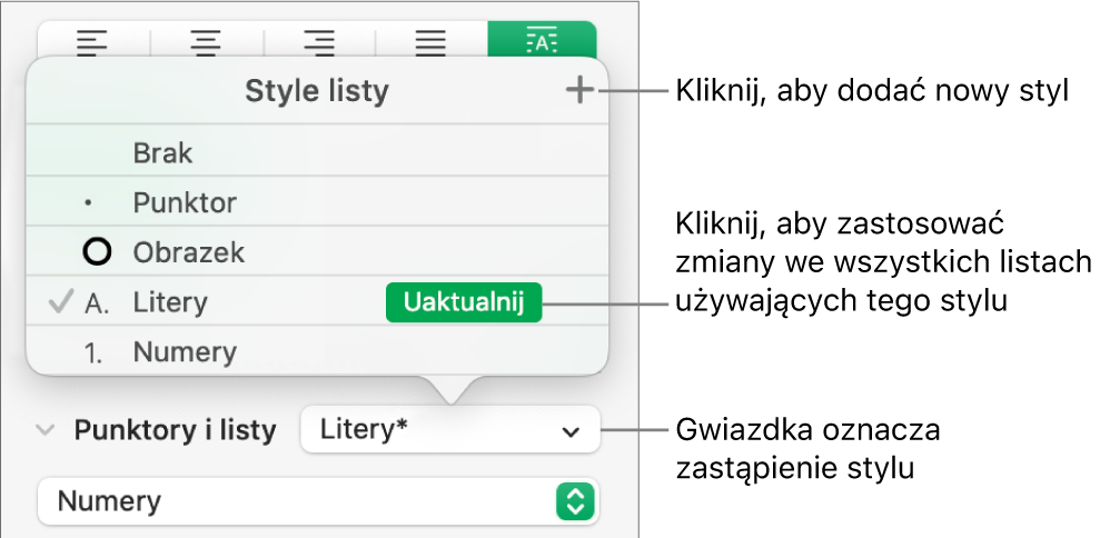 Menu podręczne Style listy z gwiazdką oznaczającą zastąpienie stylu oraz objaśnieniami przycisku Nowy styl oraz podmenu z opcjami zarządzania stylami.