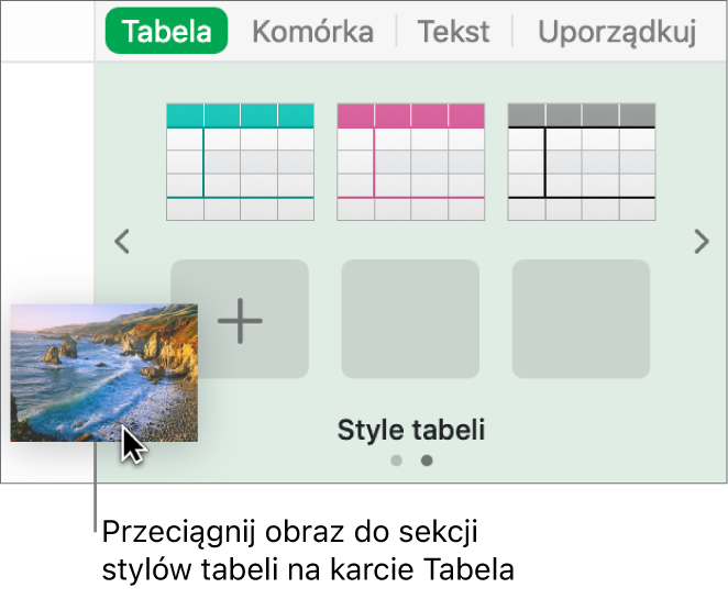 Przeciąganie obrazka do stylów tabeli w celu utworzenia nowego stylu.