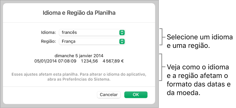 Painel de Idioma e Região com controles para idioma e região e um exemplo de formatação, incluindo data, hora, decimal e moeda.