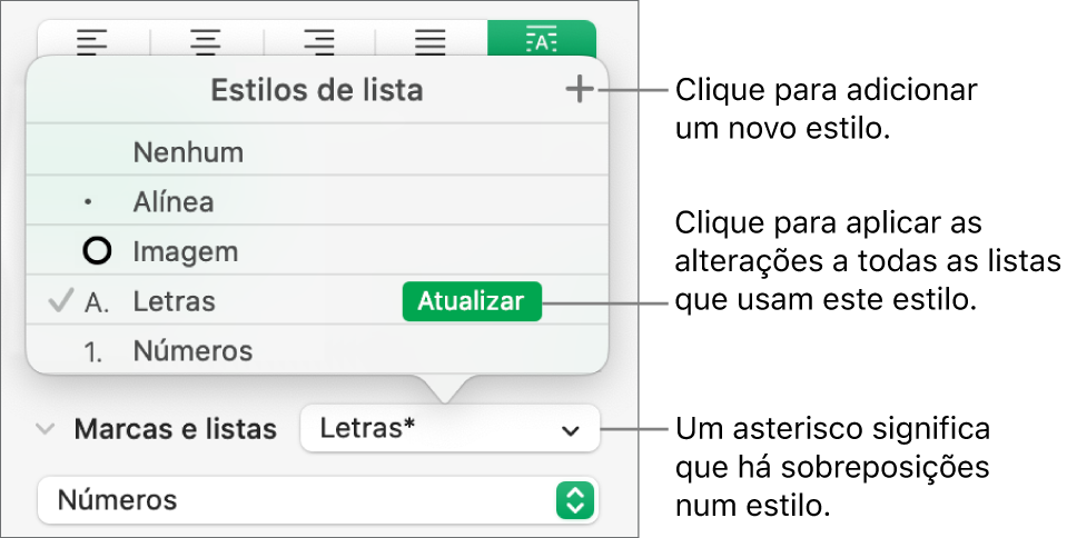 O menu pop-up “Estilos de lista” com um asterisco que indica uma substituição e chamadas para o botão “Novo estilo” e um submenu de opções para gerir estilos.