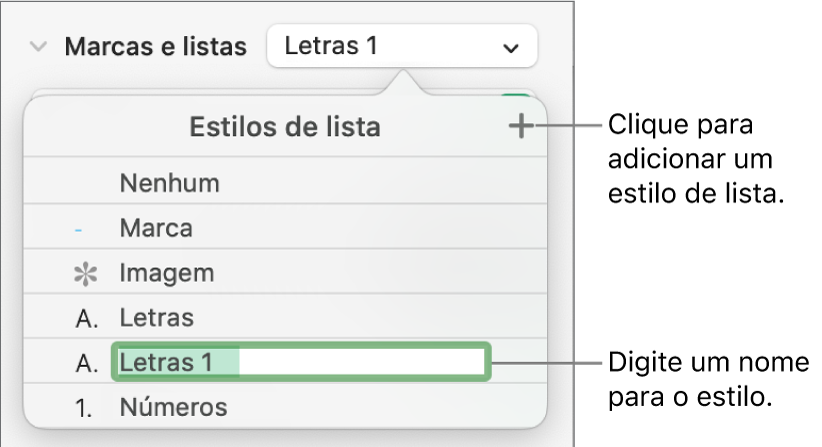 O menu pop-up “Estilos de lista” com um botão “Adicionar” no canto superior direito e um nome de estilo do marcador de posição com o respetivo texto selecionado.