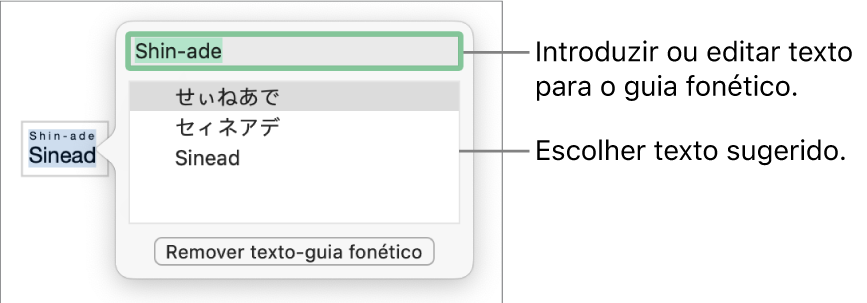 O guia fonético aberto para uma palavra, com referências ao campo de texto e texto sugerido.