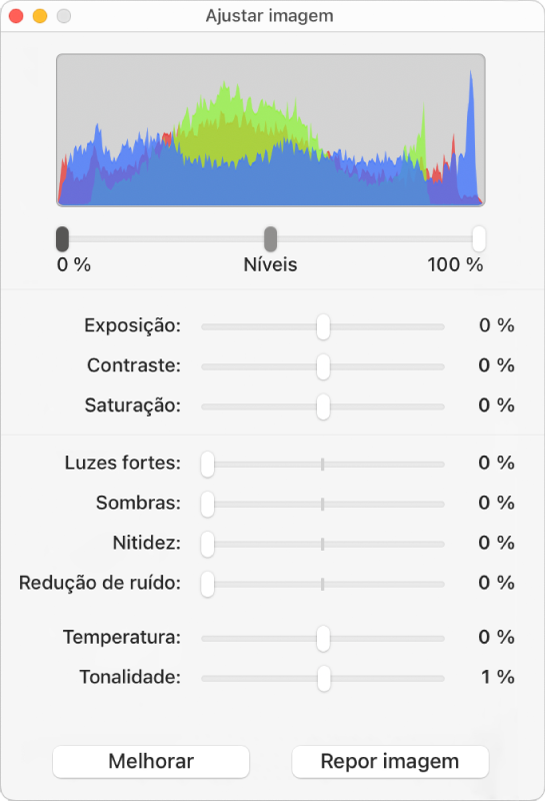 A janela “Ajustar imagem” com niveladores para definir exposição, contraste, saturação, luzes, sombras, nitidez, ruído, temperatura e tonalidade.