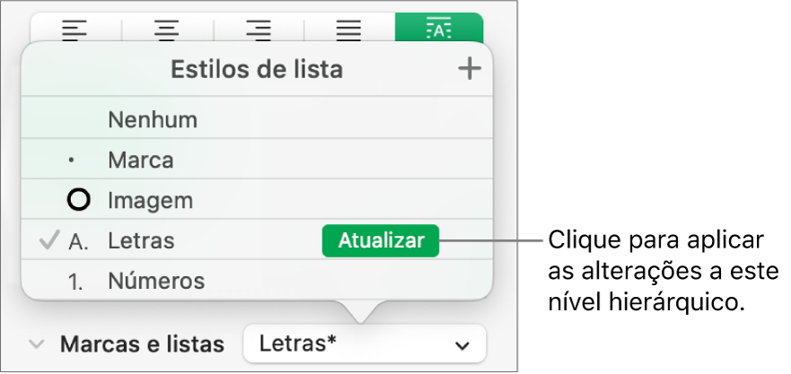 O menu pop-up “Estilos de lista” com um botão “Atualizar” junto ao nome do novo estilo.