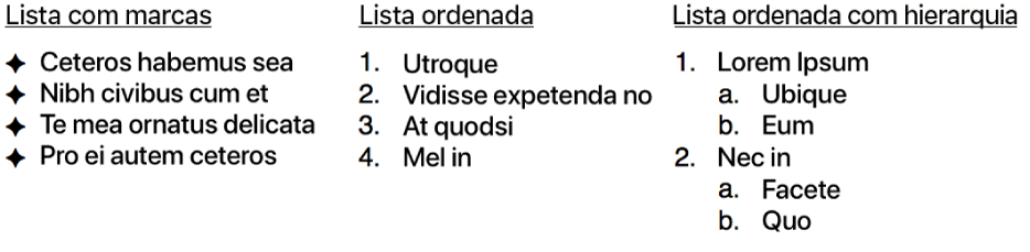 Exemplos de listas com marcas, ordenadas e ordenadas com hierarquia.