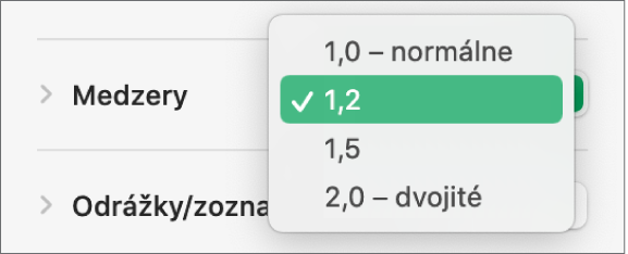 Vyskakovacie menu Medzery s možnosťami Jednoduché, Dvojité a ďalšími možnosťami.